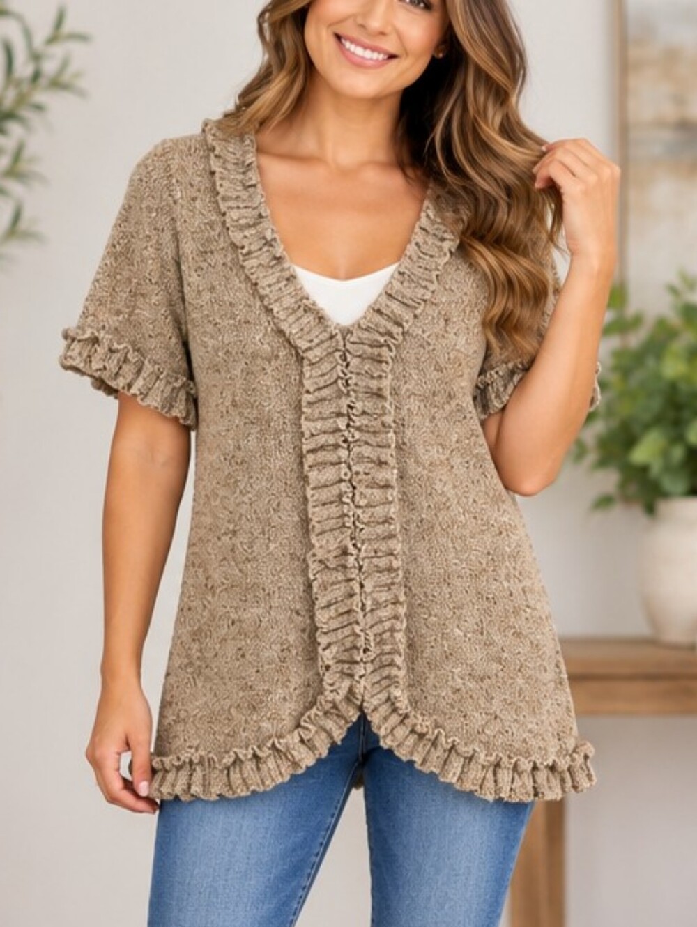 Fever Ruffled Knit Short-Sleeve Top — XL